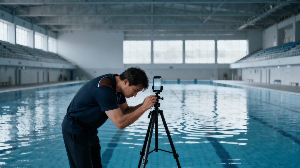 Swimming coach filming