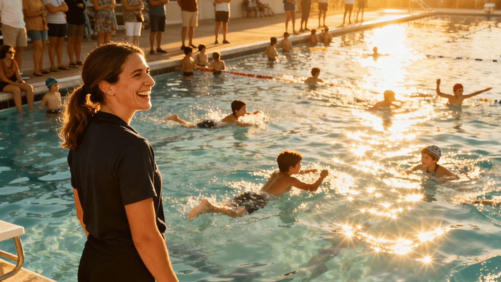 Happy swimming coach with a lot of students